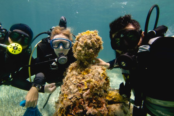Three scuba divers look towards the camera around a column of coral.